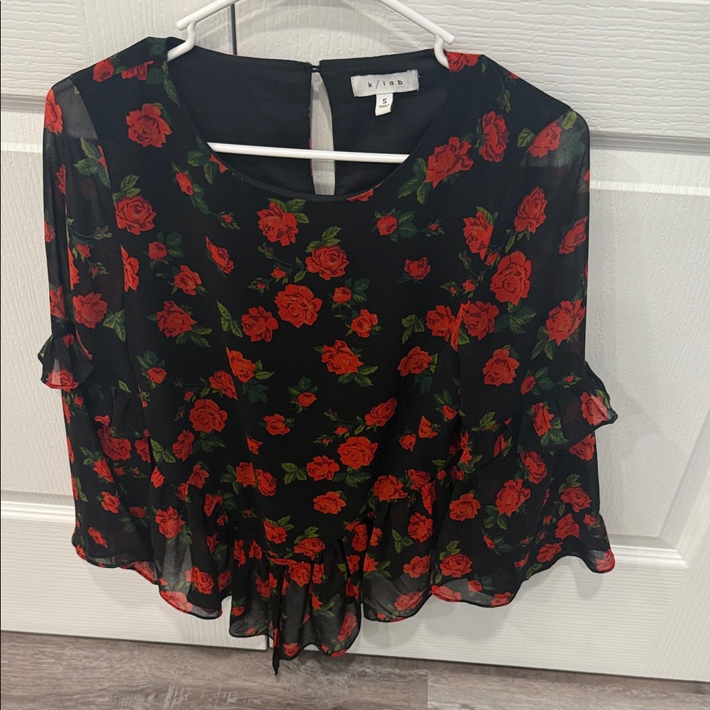 K/Lab Black Sheer Blouse with Red Floral Pattern